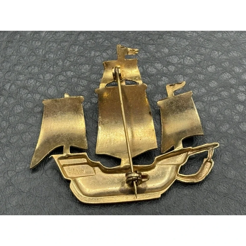 Vintage Spanish Damascene Galleon Ship Cross Brooch Pin Toledo Spain Red Enamel